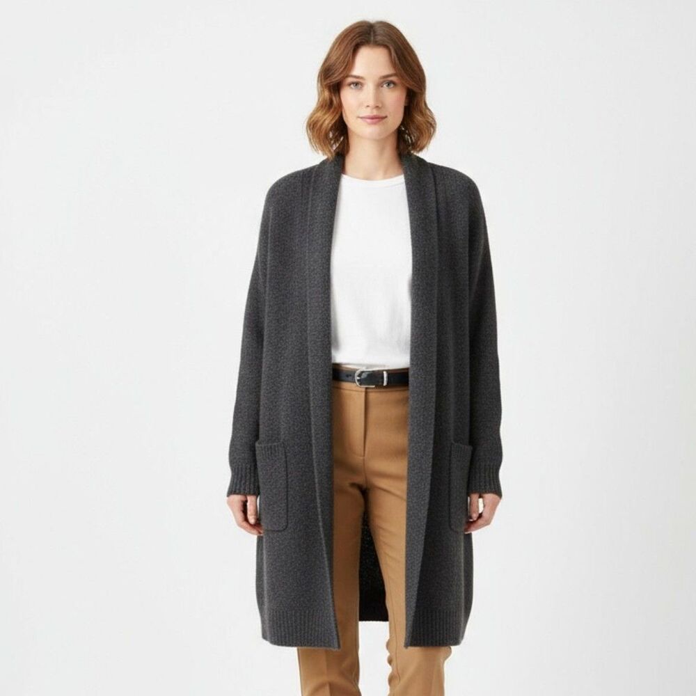 Eileen Fisher Gray Wool Long Sleeve Open Front Duster Cardigan Sweater